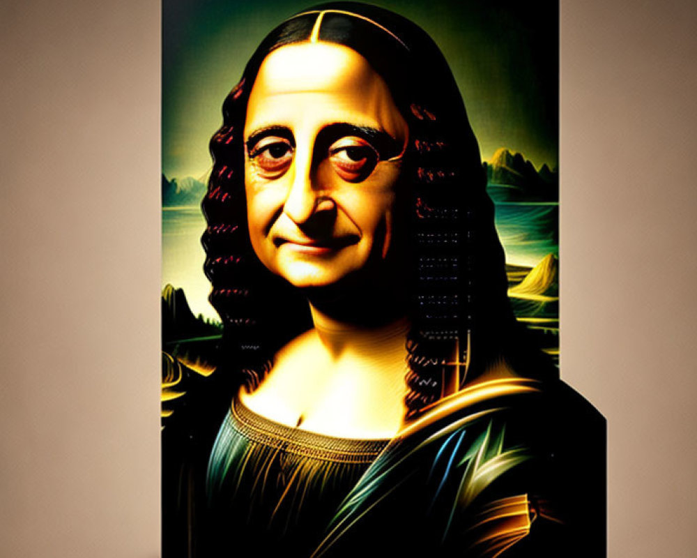 Vividly colored Mona Lisa rendition with exaggerated features on a wall