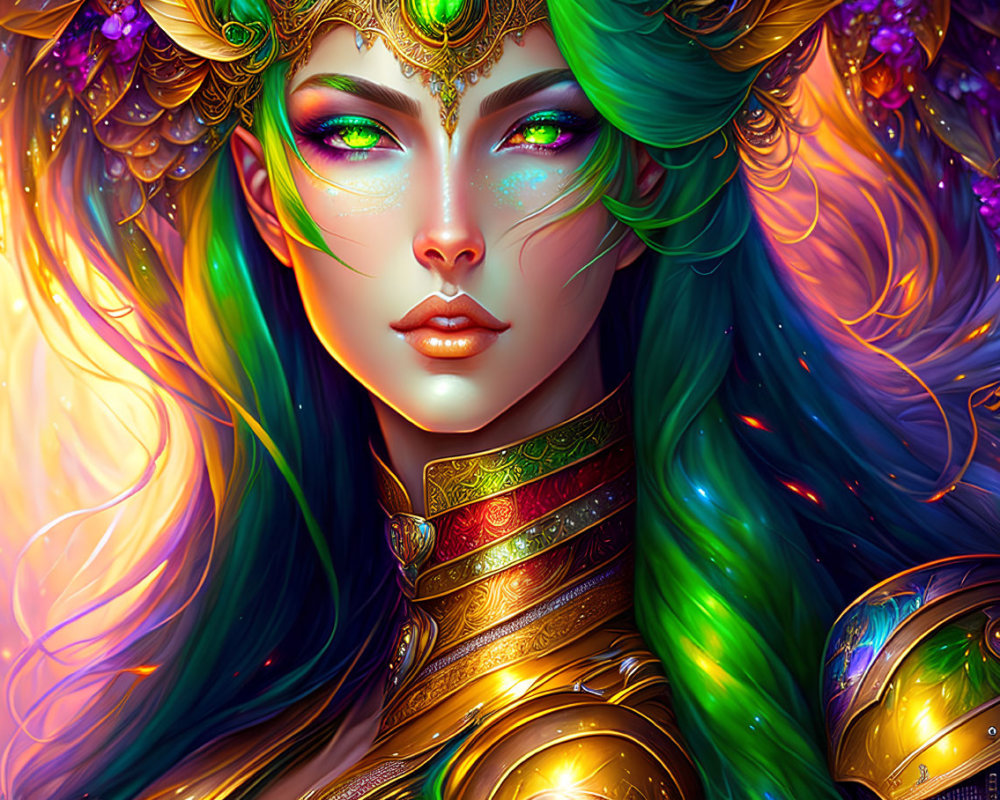 Fantasy digital artwork of a woman with multicolored hair and golden armor