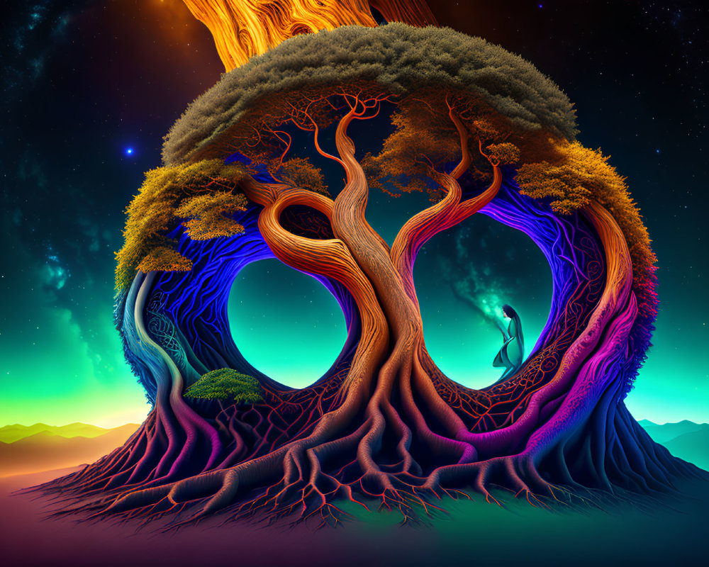 Colorful surreal tree with circular void on starry sky background