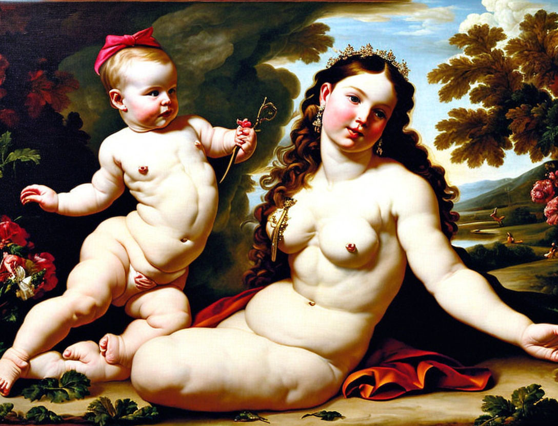 Baroque-style painting of reclining woman with cherubic child in pastoral landscape