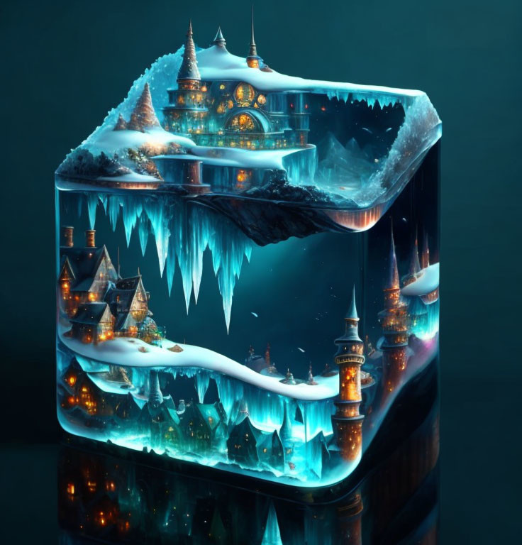 Fantastical floating ice cube structure with snowy landscapes and illuminated buildings.