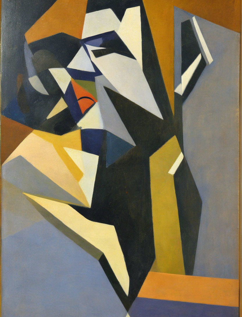 Geometric Cubist Painting in Blue, Gray, Brown, Red, and White