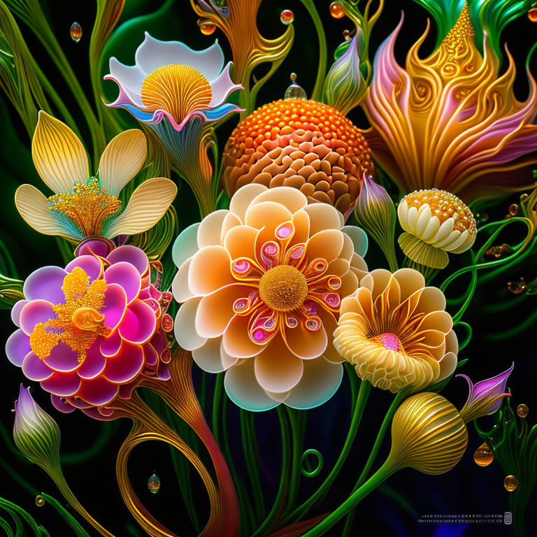 Colorful Stylized Flowers Artwork with Intricate Patterns