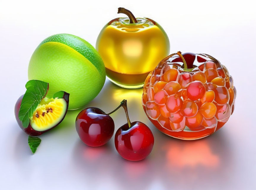 Vibrant 3D-rendered fruits: apple, cherry, orange, lemon on white surface