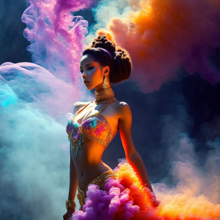 Elaborate Makeup Woman Poses in Vibrant Smoke with Bejeweled Top