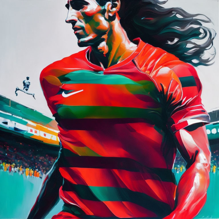 Male soccer player in red striped kit painting: dynamic motion and flowing hair