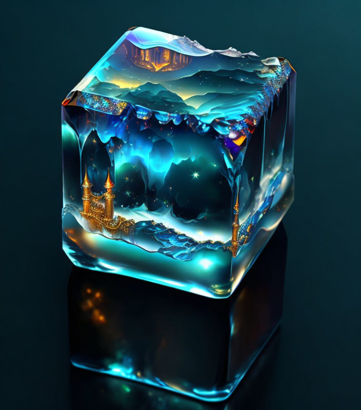 Glowing crystal cube with miniature landscape and starry sky reflection