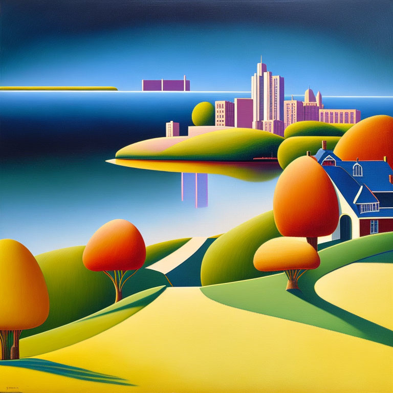 Stylized painting of serene landscape with rolling hills, trees, path, and city skyline under blue