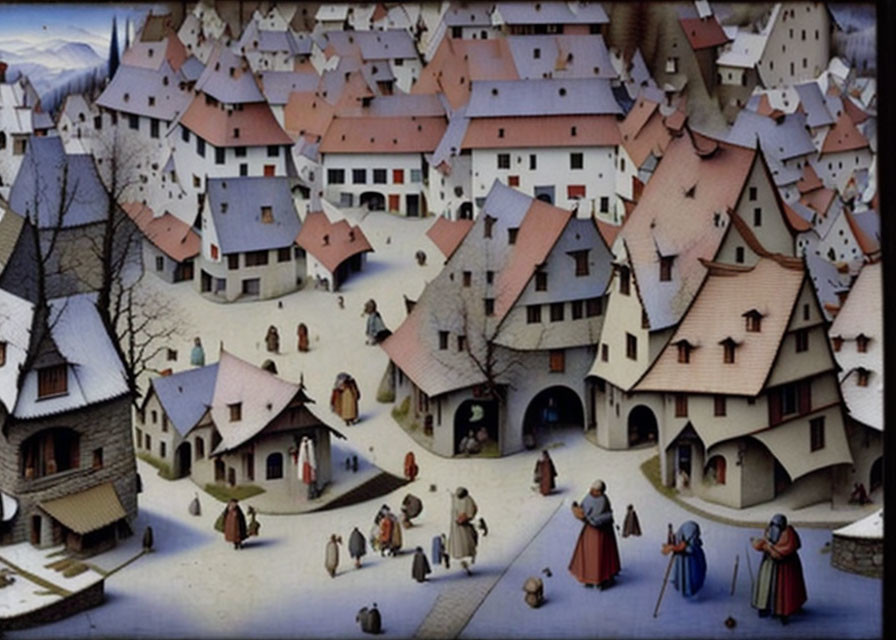 Detailed illustration: Medieval village with taupe-roofed buildings & townsfolk in wintry mountain setting
