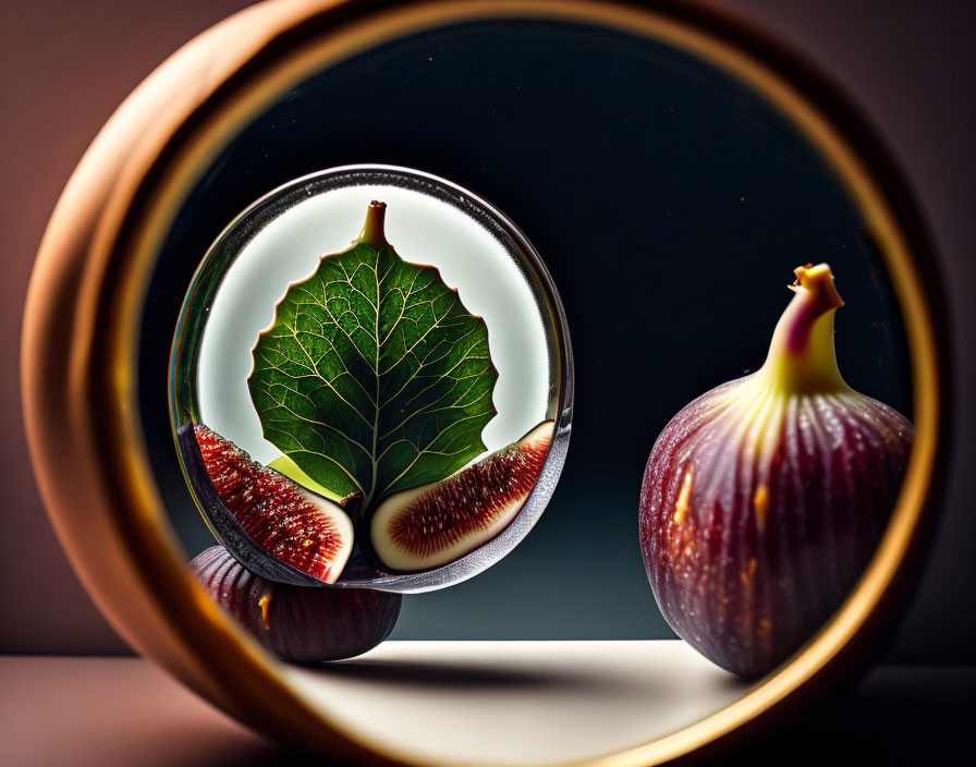 Fig and Reflection in Round Mirror: Vibrant Green Leaf, Rich Red Interior, Dark Background