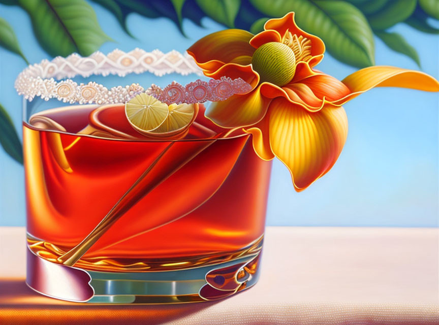 Hyperrealistic Painting of Cocktail with Lime Slice, Skewer, and Orange Flower on Blue Background