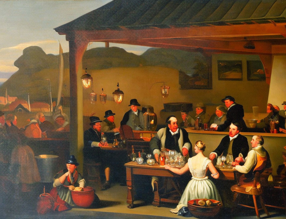 Vibrant oil painting of bustling tavern scene