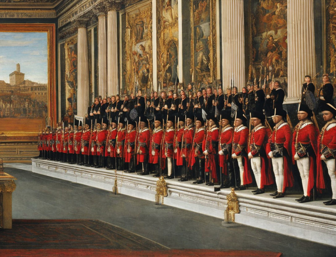 Uniformed men in historical attire in ornate room with classical paintings.