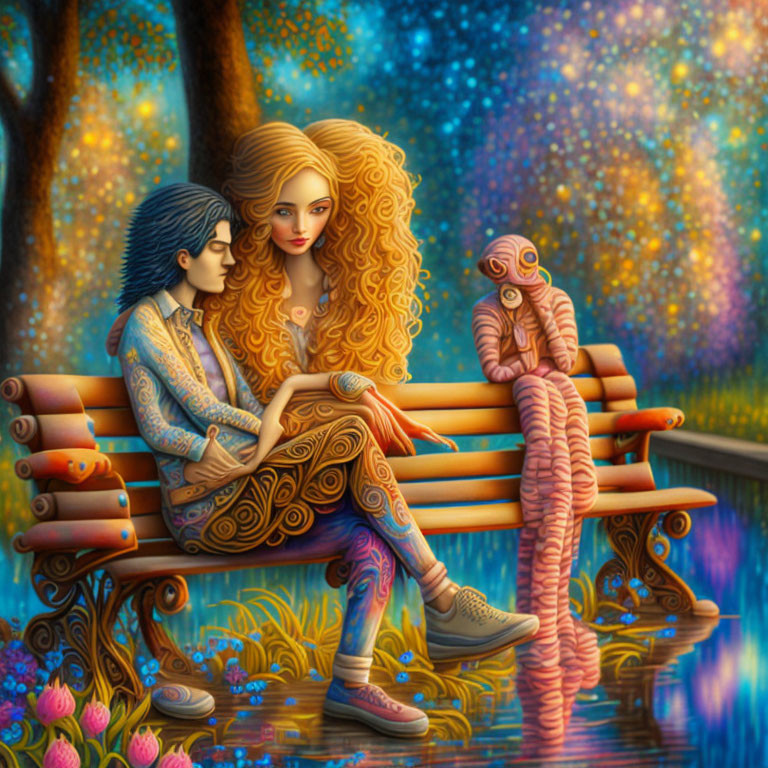 Illustration of couple on bench with surreal creature in vibrant setting