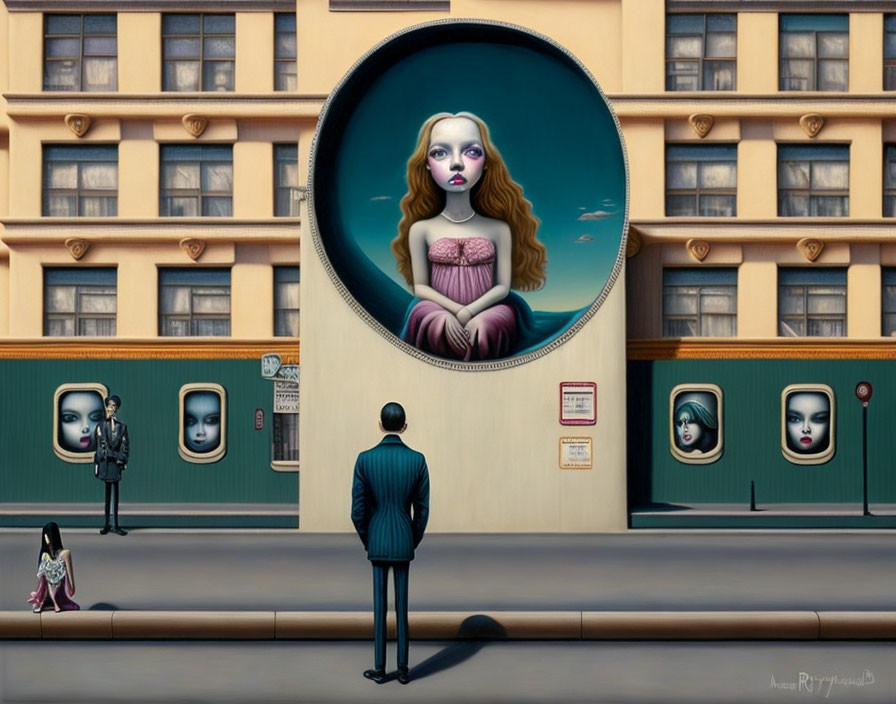 Surreal painting featuring giant female face, framed observers, and man in bowler hat