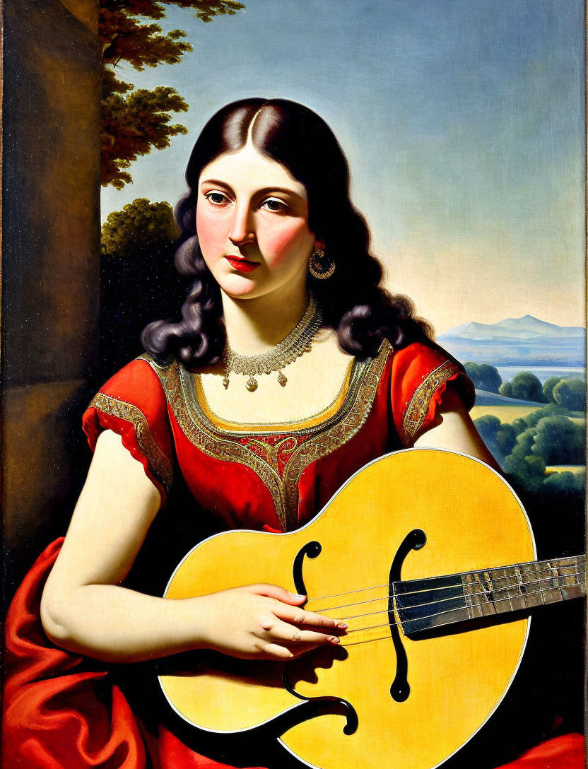 Portrait of Woman in Red Dress with Guitar on Landscape Background