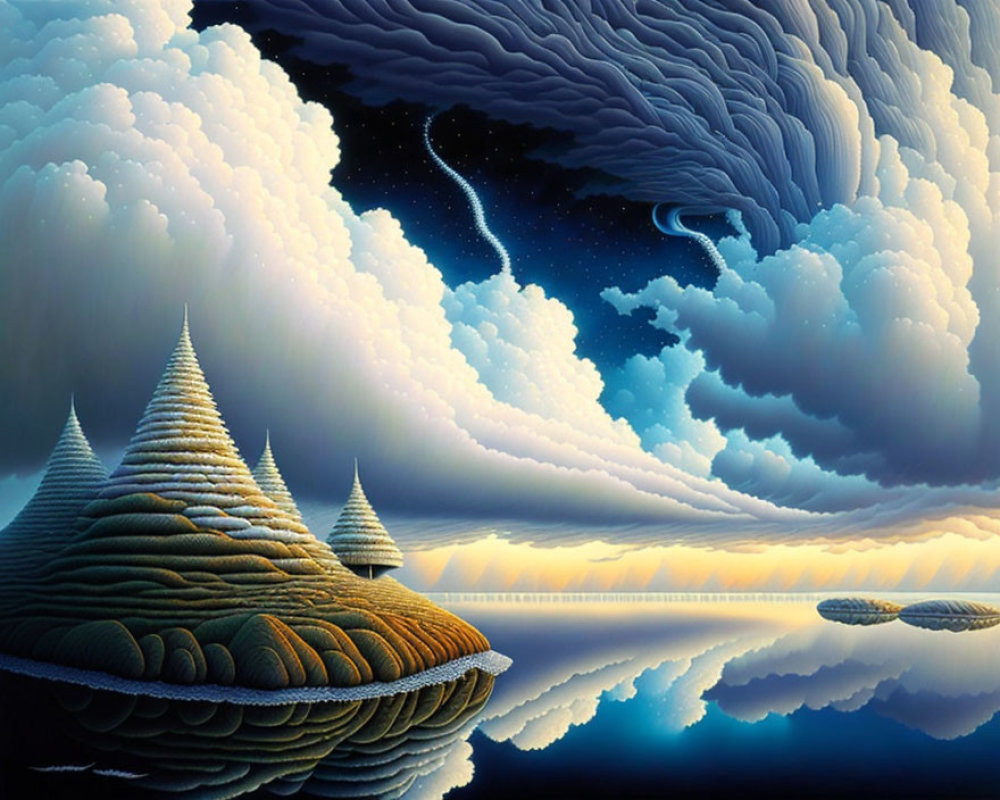 Surreal landscape with pyramid hills, reflective water, cosmic sky