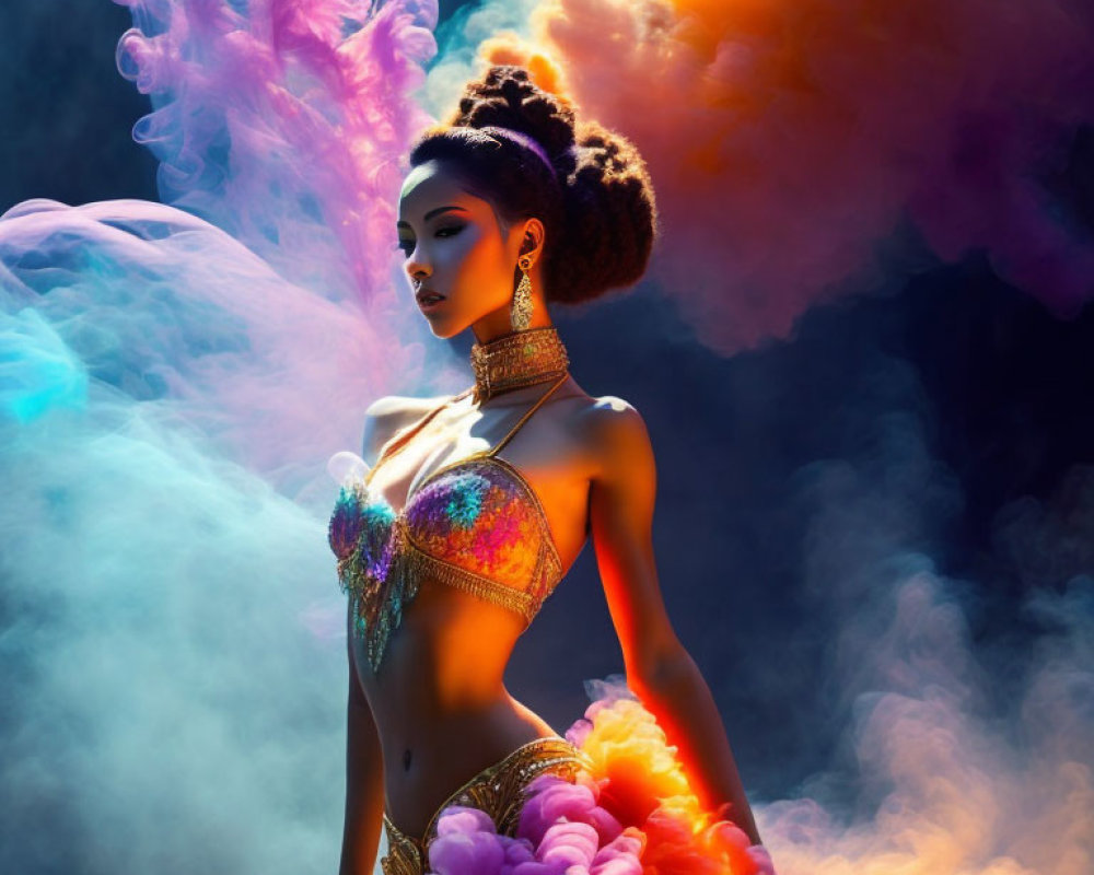 Elaborate Makeup Woman Poses in Vibrant Smoke with Bejeweled Top