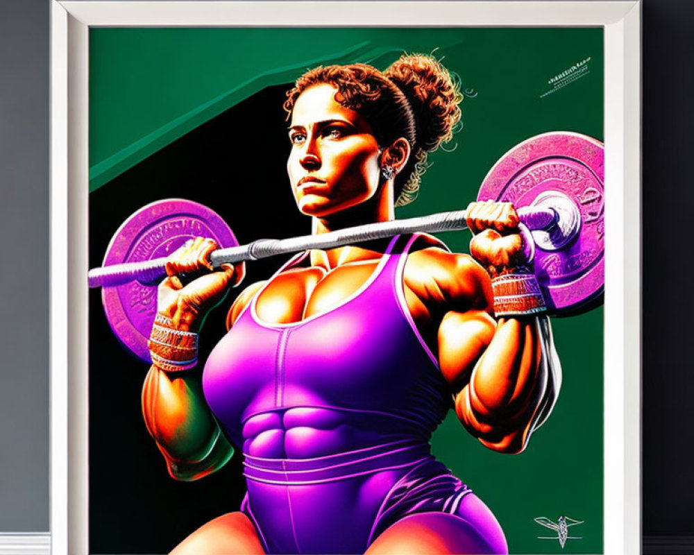 Colorful Illustration: Muscular Woman Lifting Barbell in Dynamic Purple and Green Hues
