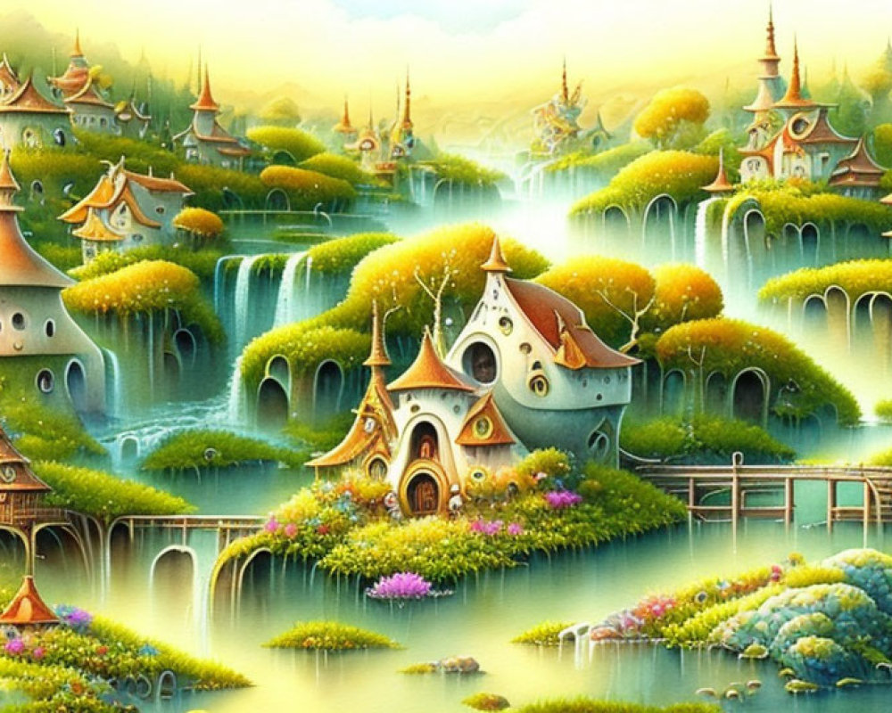 Fantasy Landscape with Whimsical Houses, Waterfalls, and Colorful Flora