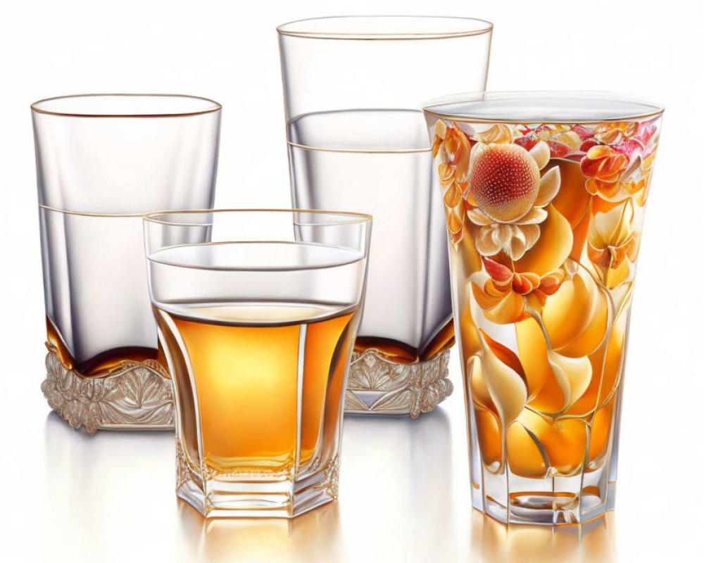 Four ornate glass tumblers with floral design, sizes vary, two clear and two filled with amber
