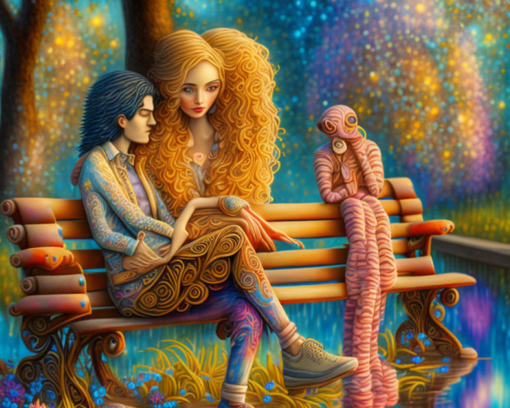 Illustration of couple on bench with surreal creature in vibrant setting