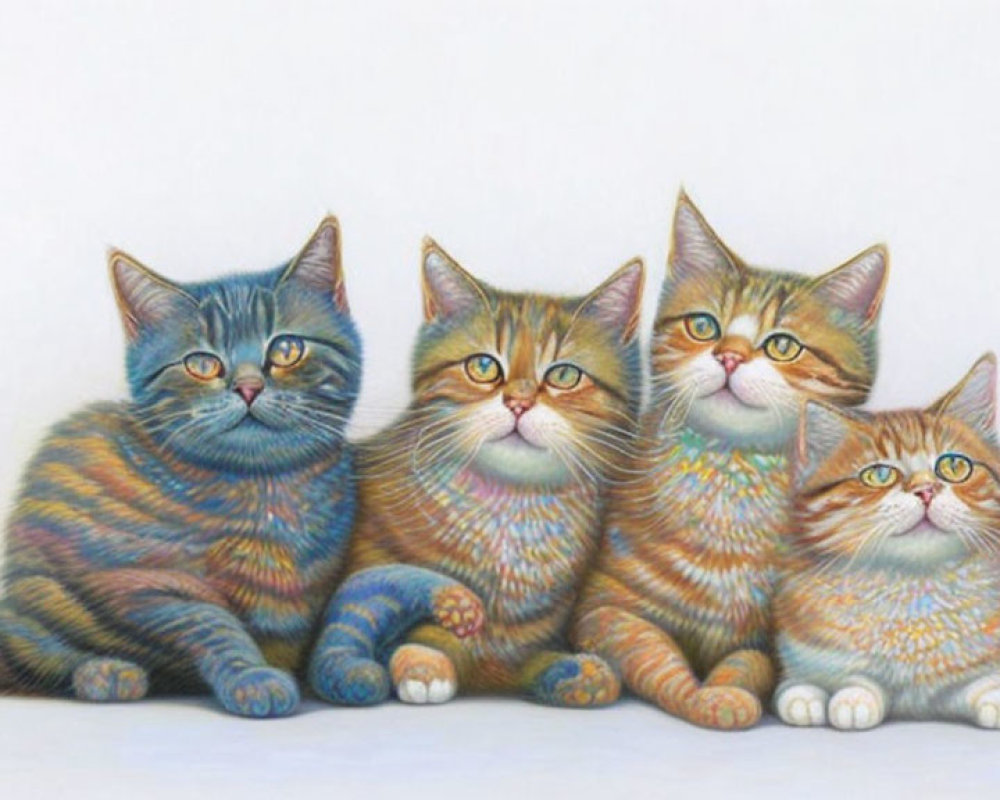 Four multicolored cats with stripe patterns in a row against a blank background