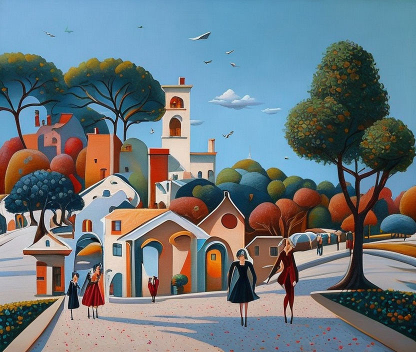 Colorful Vintage Attire Painting of Whimsical Village