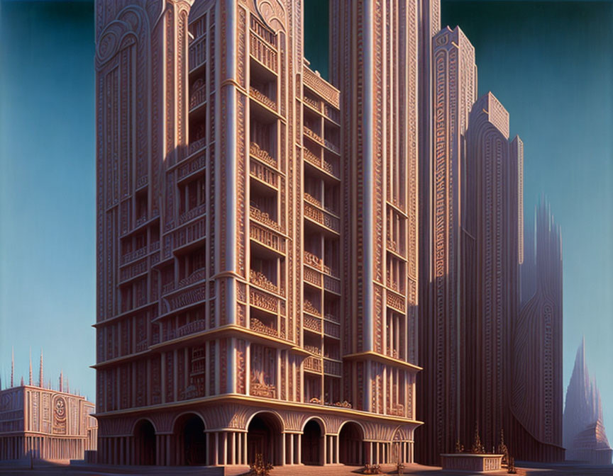 Surrealist illustration of book-shaped building in cityscape