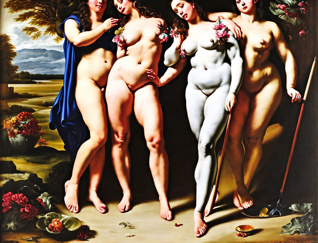 Classical painting of four nude women with drapery and flower adornments