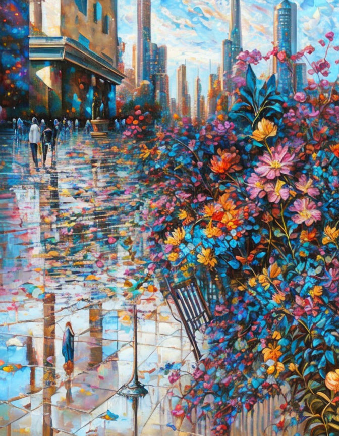 Colorful cityscape painting with reflective surfaces, flowers, and figures under an ethereal sky