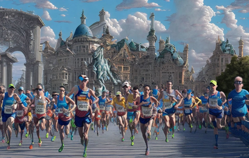 Marathon runners against classic architecture and clear skies