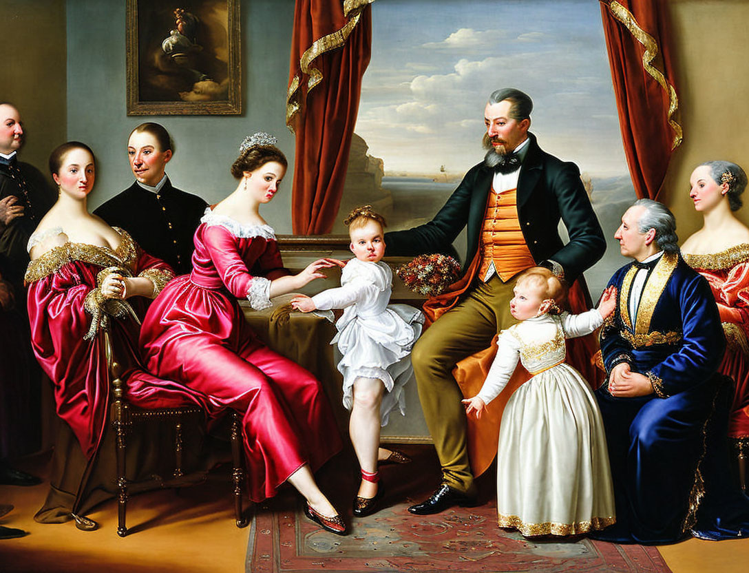 Victorian family portrait in lavish setting with adults and children.