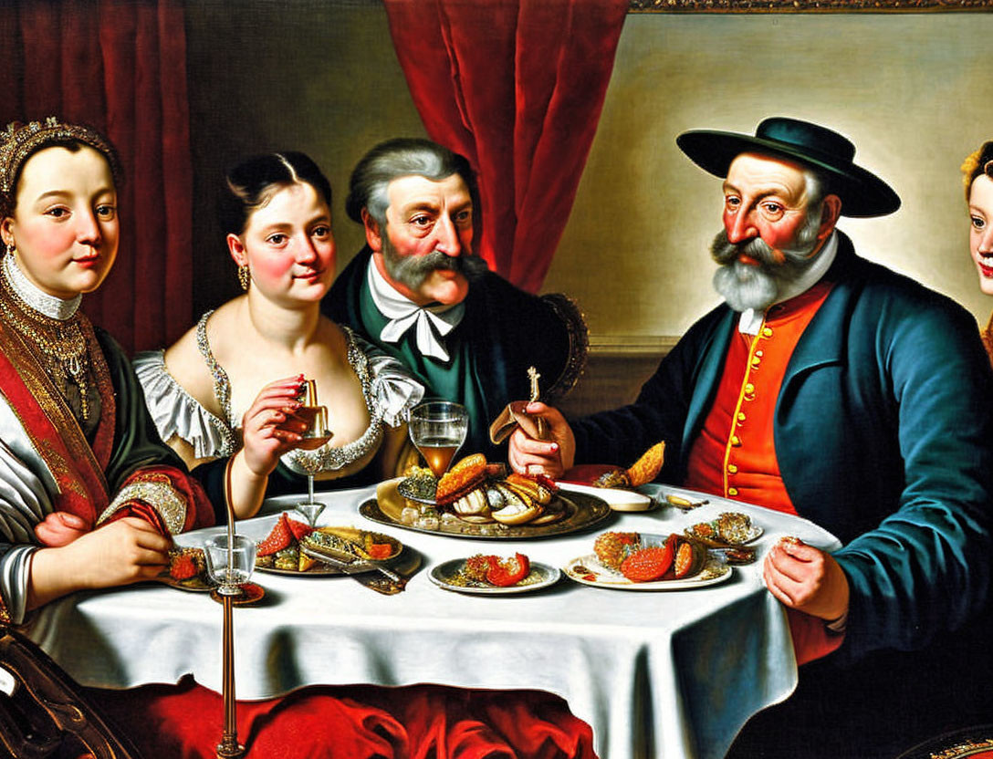 Victorian-era painting: Four individuals dining in lavish setting