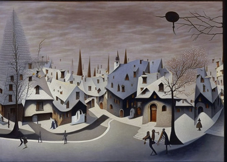 Surreal wintry village scene with pointy rooftops and floating eye-like object