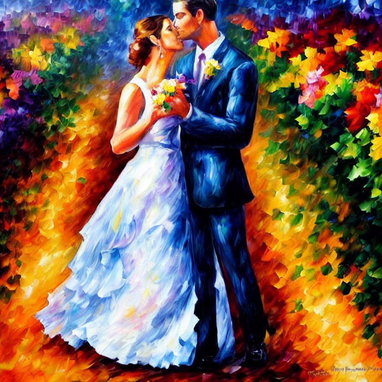 Colorful Wedding Kiss Painting Against Floral Backdrop