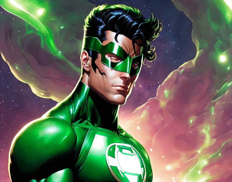 Male comic character in green and black mask, lantern symbol suit, cosmic backdrop