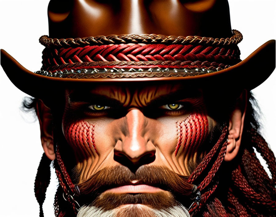 Intense warrior face paint with leather cowboy hat portrait