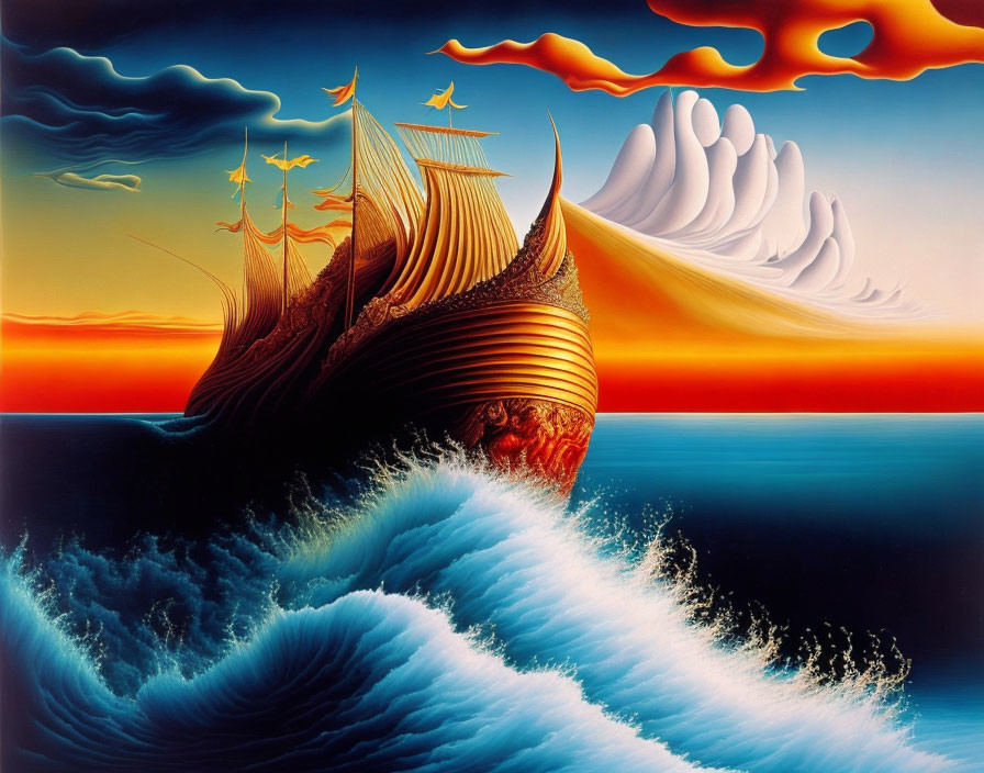 Surrealistic painting: Ship with avian features sailing at sunset
