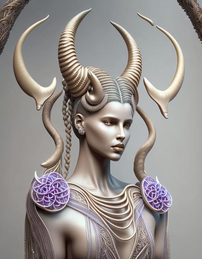 Fantasy illustration featuring female figure with ornate horns and mystical aura