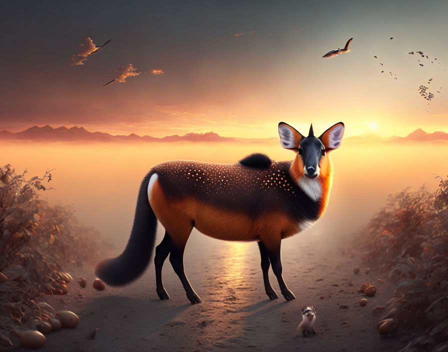 Glowing antelope-like creature in misty sunrise landscape with birds and small animal.