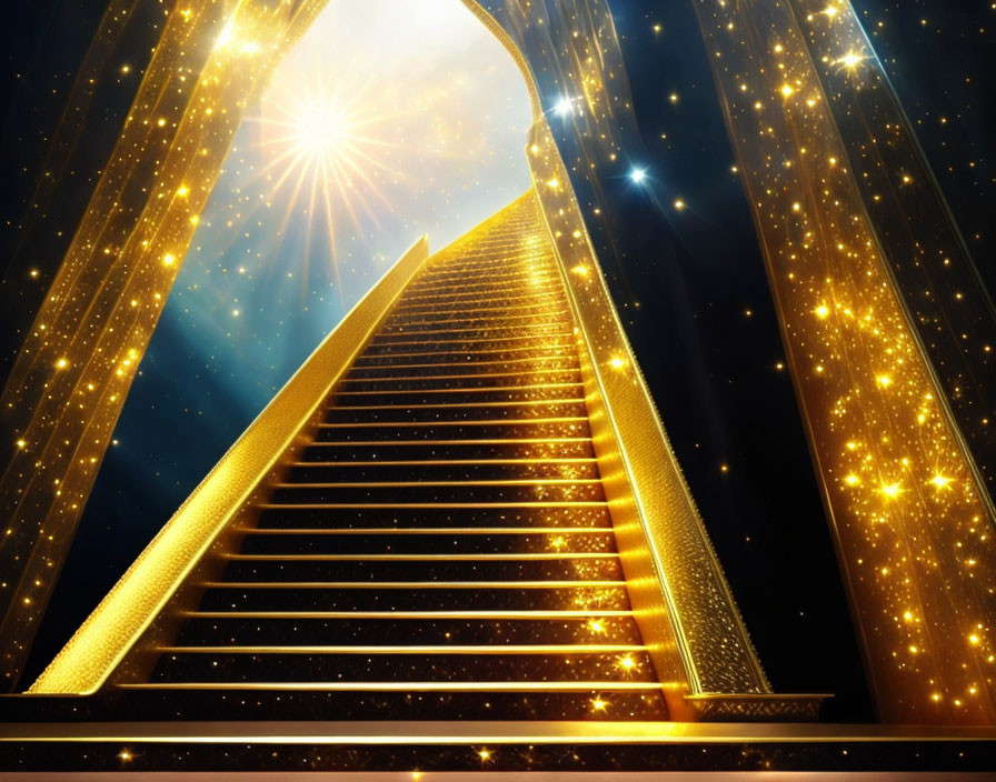 Golden Pillars and Radiant Staircase under Starlit Sky