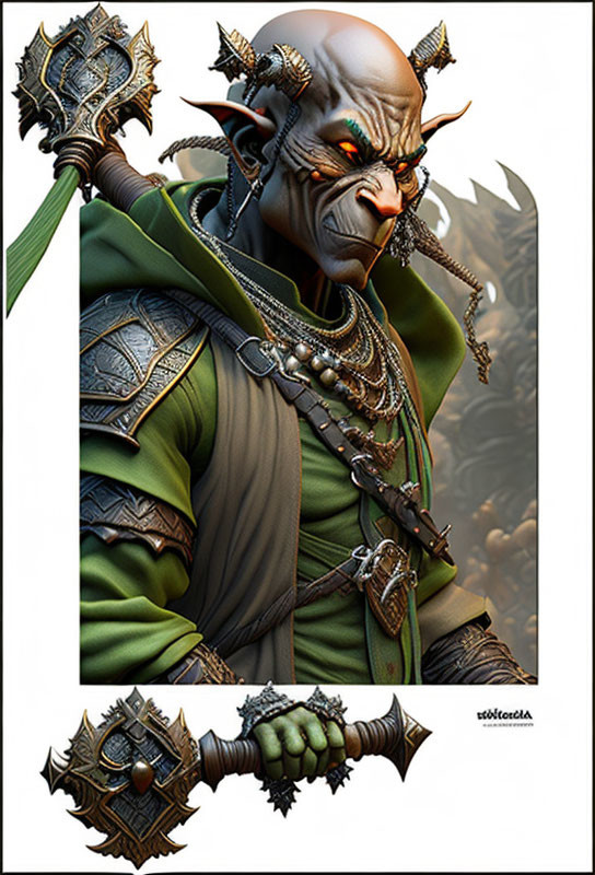 Green-skinned orc in armor with tusks, red eyes, and mace.