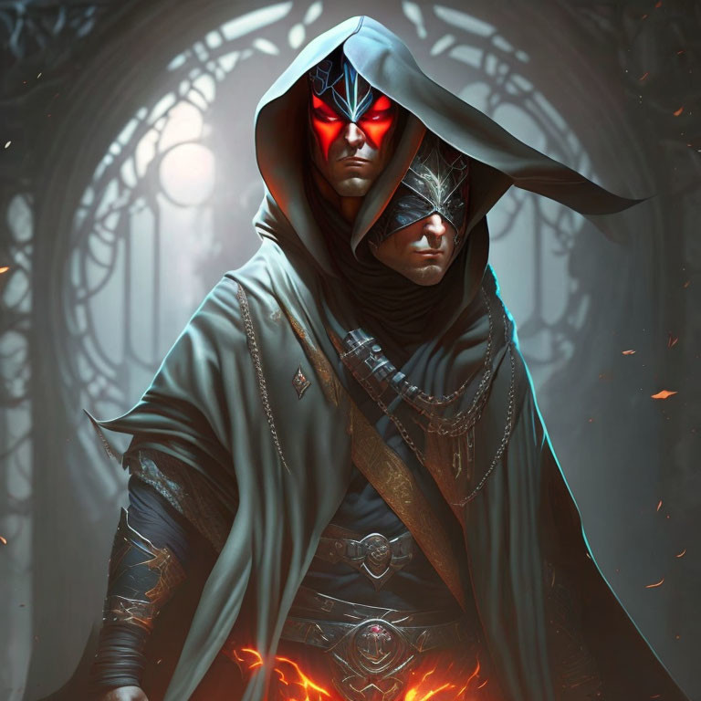 Mysterious Figure in Hooded Cloak with Red Glowing Mask at Ornate Gateway
