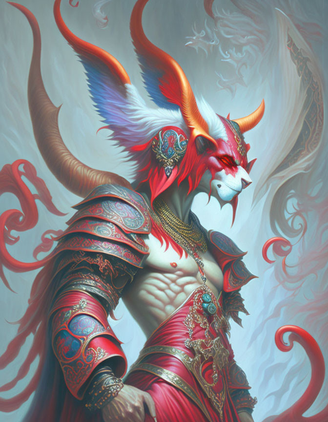 Fantasy creature in red and gold armor with dragon-like features