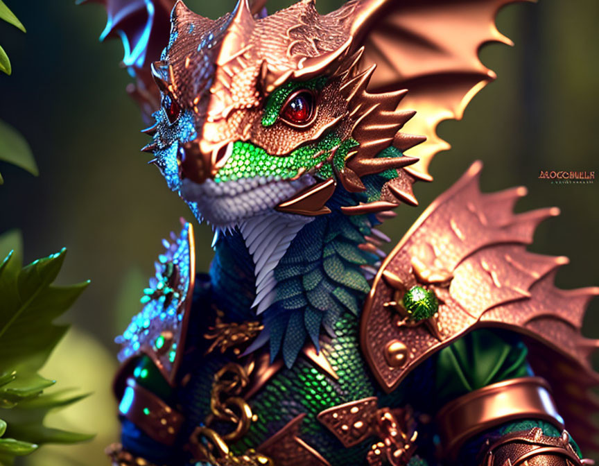 Detailed Dragon Illustration with Green and Blue Scales and Golden Armor in Lush Foliage