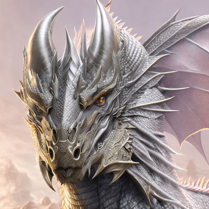Detailed image of fierce dragon with intricate scales and sharp horns.