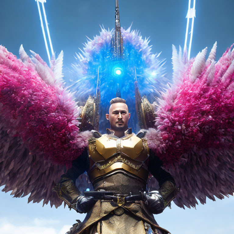 Majestic figure in golden armor with fuchsia wings and glowing orb