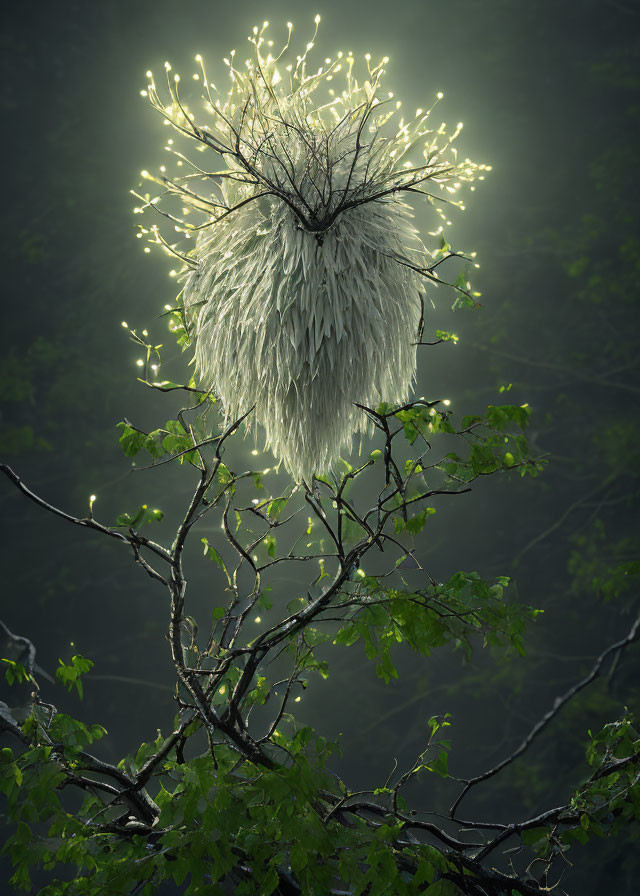 Glowing white tendrils on thin branches in a misty forest