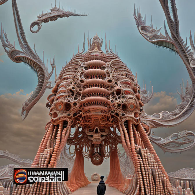 Intricate surreal structure with tentacle-like extensions towering over lone figure.